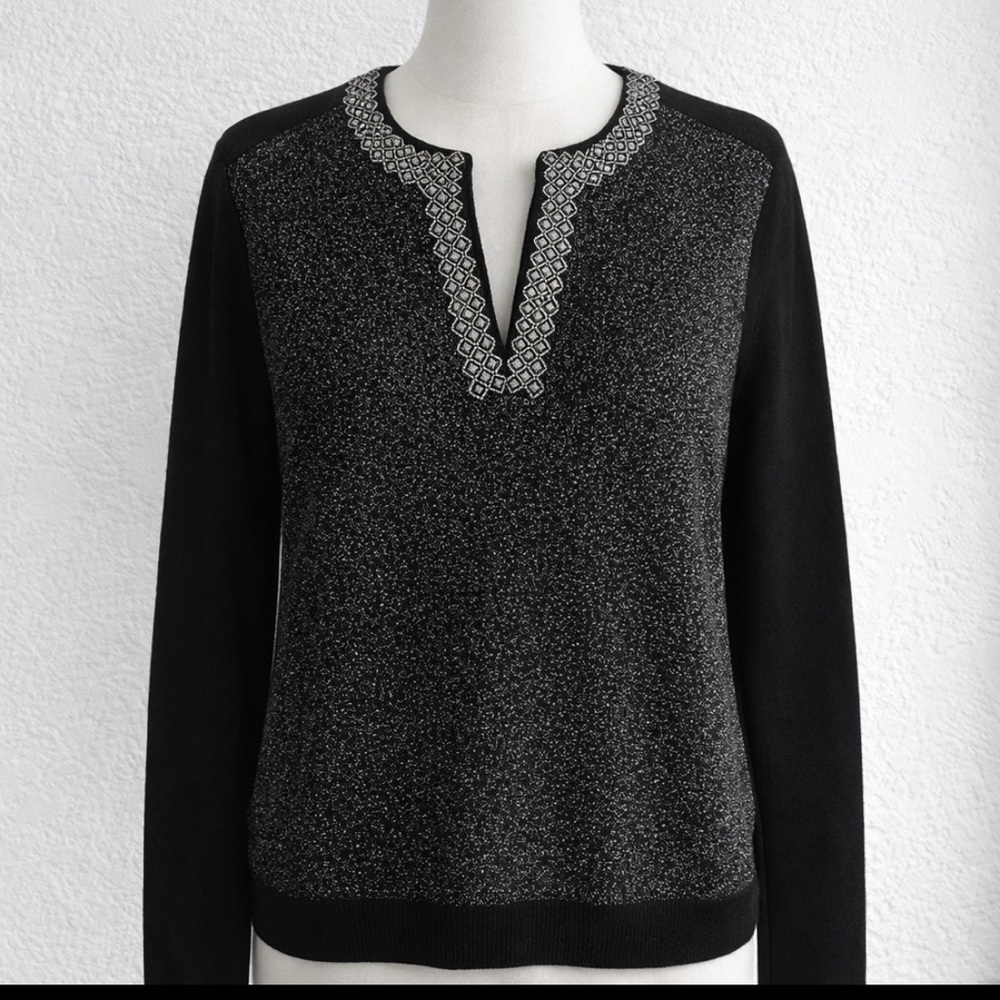 Tory Burch Black Merino Wool Metallic Shimmer Sweater Embellished Neck Size M